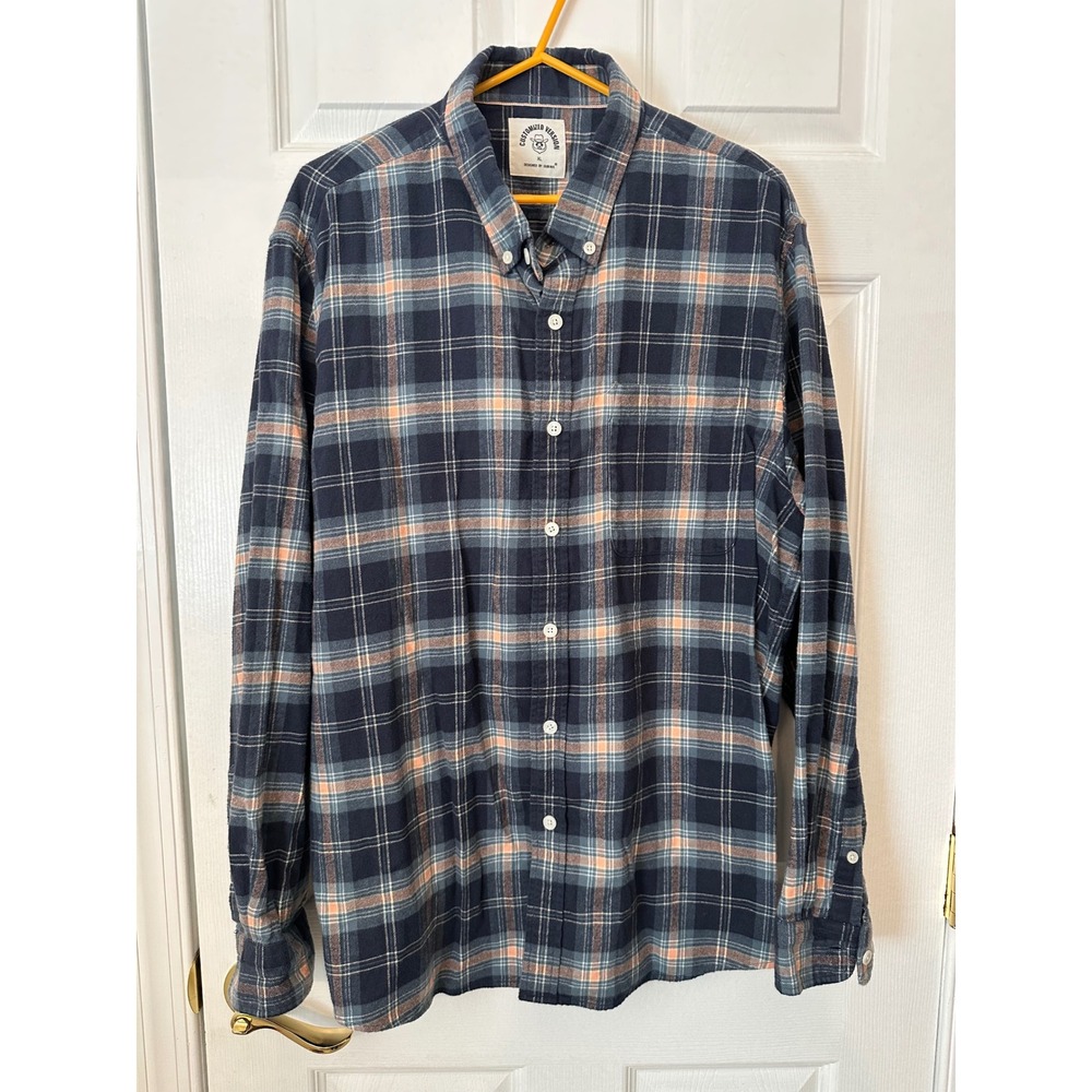 Dubinik Mens XL Flannel Shirt Navy Blue Orange Plaid Long Sleeve Button Down